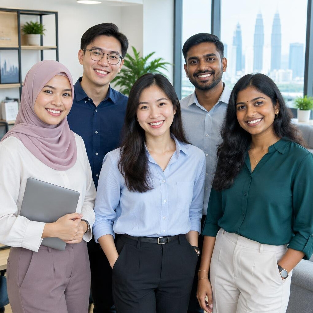 Diverse group of Malaysian professionals standing together in an office
